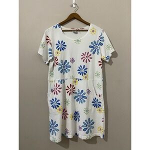 Red Ginger Floral Cotton Dress Womens L Colorful Flowers‎ on White Shift Pockets